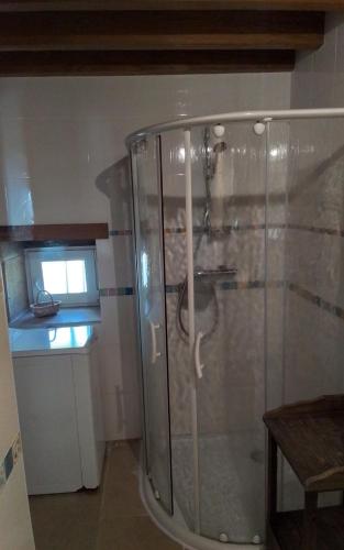 a shower with a glass door in a bathroom at Gite de Cerney in Marcilly-Ogny