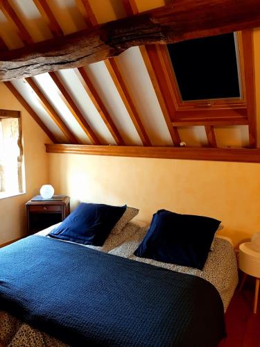 a bedroom with a blue bed with a roof at Gite de Cerney in Marcilly-Ogny