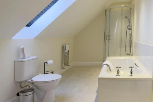 a bathroom with a toilet and a shower and a sink at Walled garden cottage in Hassocks