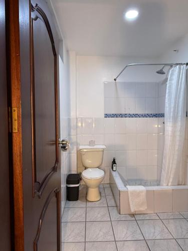 a bathroom with a toilet and a bath tub at Hotel NASS del Sur in Cuenca