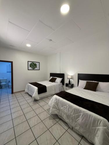two beds in a large room with white walls at Hotel NASS del Sur in Cuenca