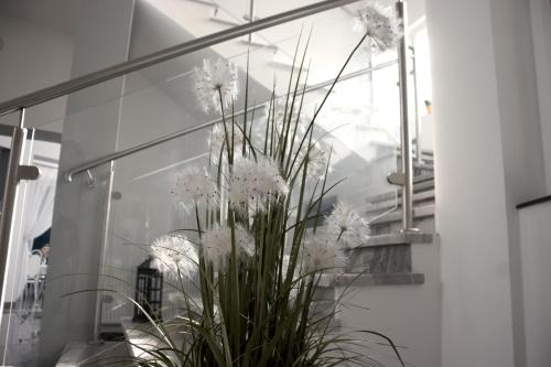 a vase filled with white flowers in a room at Złoty Łan in Nowa Sól