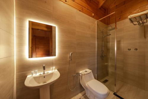 a bathroom with a sink and a toilet and a shower at اكواخ مشارف ابها in Mahlal