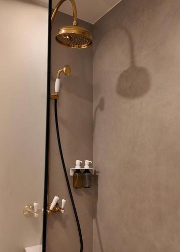 a shower with a brass shower head in a bathroom at Caza de Cima de Villa in Penafiel
