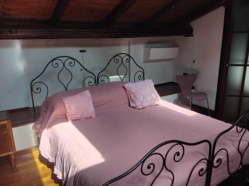 a bedroom with a large bed with pink sheets at Sogni in soffitta in Casalecchio di Reno