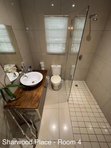 a bathroom with a sink and a toilet and a shower at Sharwood Place in Port Elizabeth