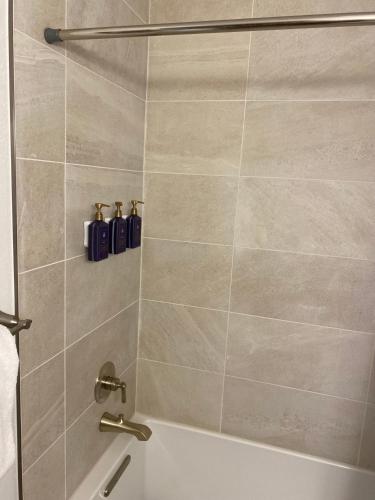 a shower with two blue bottles in a bathroom at Bluegreen Vacations Streamside at Vail, an Ascend Collection Resort in Vail