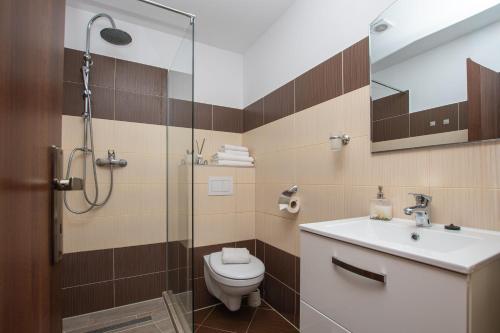 a bathroom with a shower and a toilet and a sink at Casa Bocskai-Vendégház in Sovata