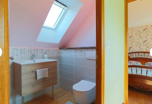 a bathroom with a toilet and a sink and a window at Le paradis sur mer in Paimpol