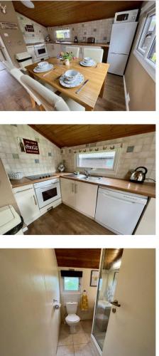 two pictures of a small kitchen and a bathroom at Hoburne Holiday Park, Cotswold, Bumblebee Lodge in South Cerney