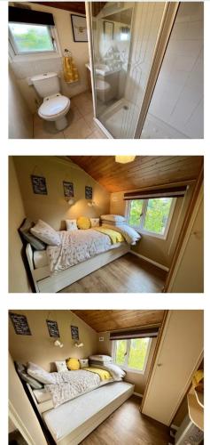 two pictures of a room with two beds and a bathroom at Hoburne Holiday Park, Cotswold, Bumblebee Lodge in South Cerney