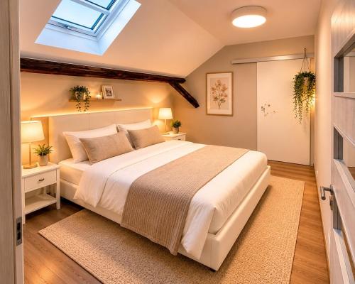 a bedroom with a large bed with a skylight at Apartment in Žatec in Žatec