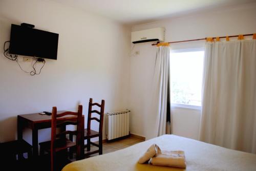 a bedroom with a bed and a desk and a television at Termas Concepcion in Concepción del Uruguay