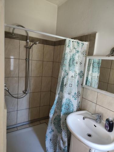 ein Badezimmer mit Duschvorhang und Waschbecken in der Unterkunft imperial 1 in Leuenberg
