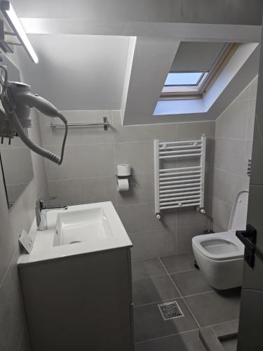 a bathroom with a sink and a toilet with a skylight at Villa George in Constanţa