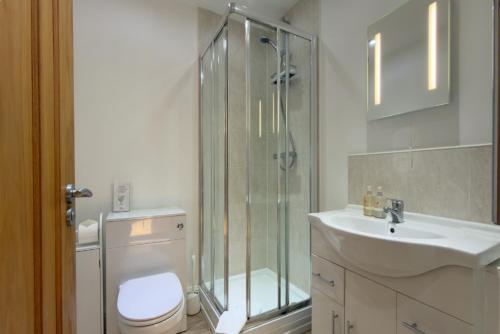 a bathroom with a shower and a toilet and a sink at Cottages by the Moat in Hassocks