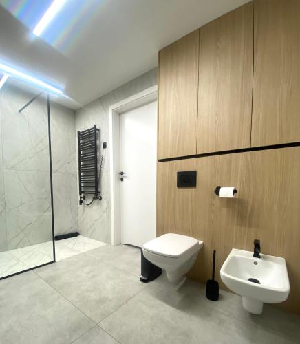a bathroom with a toilet and a sink and a shower at Platinum Apartment in Wałbrzych