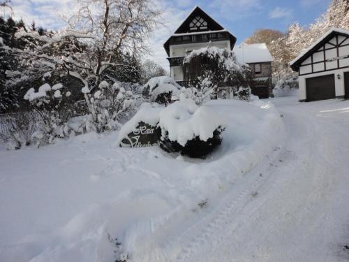 a yard covered in snow with a house in the background at Haus Volkesbach in Liesen