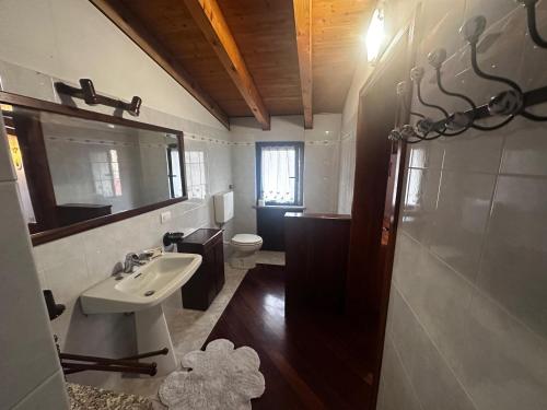 a bathroom with a sink and a toilet and a mirror at La Magnolia in Magenta