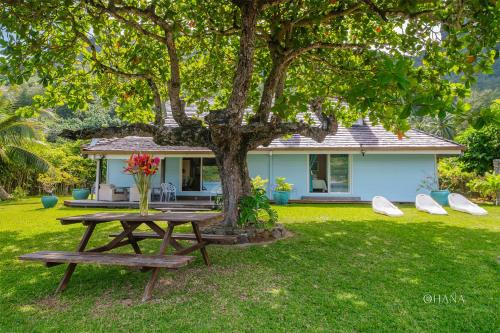 a picnic table under a tree in front of a house at Villa Ohana - 4BR Beachfront Villa in Paopao
