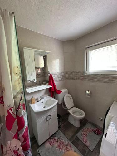 a small bathroom with a toilet and a sink at Apartman HUSEIN in Jajce