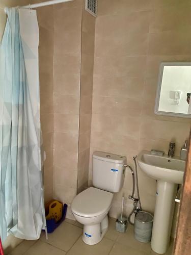 a bathroom with a toilet and a sink at Chic apartment with secure pool in Oued Laou