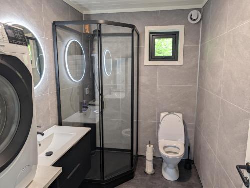 a bathroom with a shower and a toilet and a sink at Oslofjord Sea View in Hvitsten