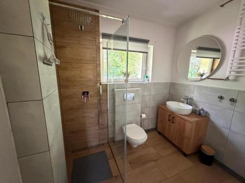 a bathroom with a shower and a toilet and a sink at Gąsiorówka in Gryżyna