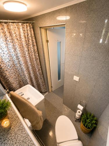 a bathroom with a toilet and a sink and a mirror at Nordic Home Finja in Hässleholm