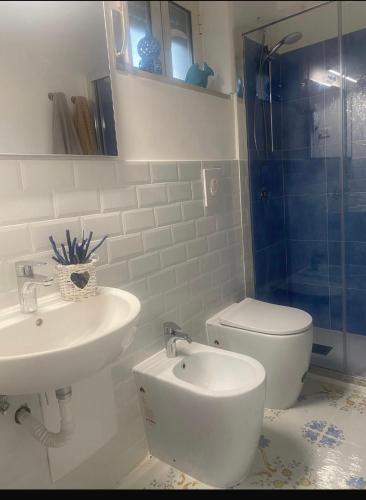 a bathroom with a sink and a toilet and a shower at Isabella Massalubrense in Massa Lubrense