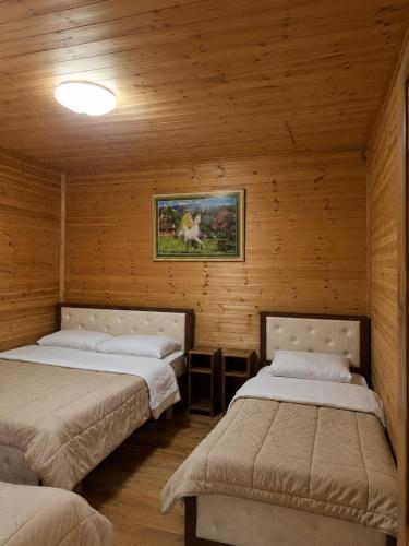 two beds in a room with wooden walls at Zariklis in Theth
