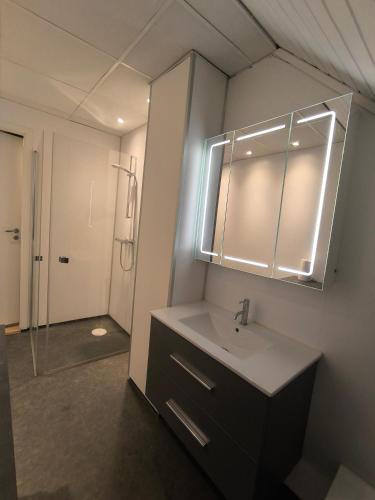 a bathroom with a sink and a mirror at Stavangerliving in Stavanger