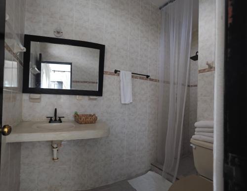 a bathroom with a sink and a mirror and a toilet at Casa del Viento Celestun in Celestún