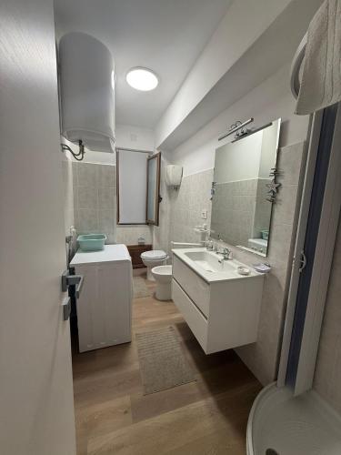 a bathroom with a sink and a toilet and a mirror at Tropea Home Free Private Parking in Tropea