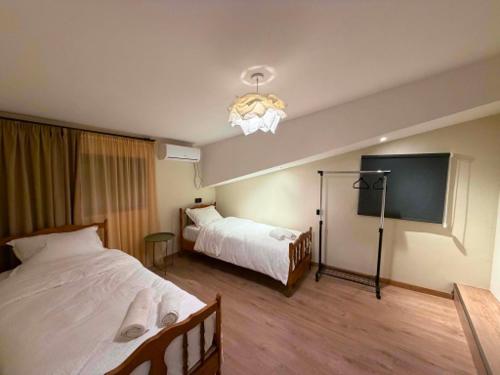 a bedroom with a bed and a tv in it at Duplex Hause in Telavi
