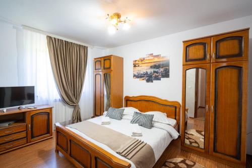 a bedroom with a large bed and a television at Casa Ursuleasa in Ciumîrna