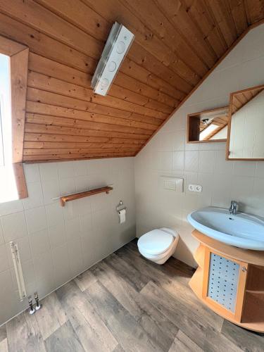 a bathroom with a sink and a toilet at Ferienwohnung am Feistelholz in Wernberg-Köblitz