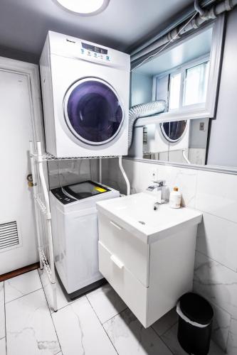 a bathroom with a washing machine and a sink at Minimal 1bed APT basement with free parking in Yonkers