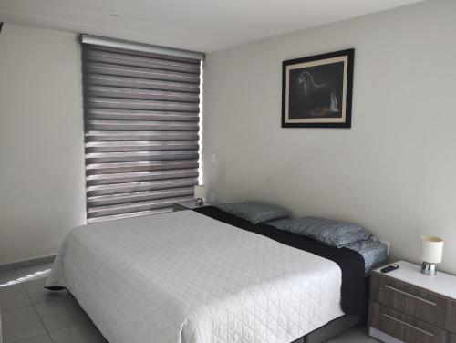 a bedroom with a white bed and a window at Catalán Sant Andreu in Guadalajara