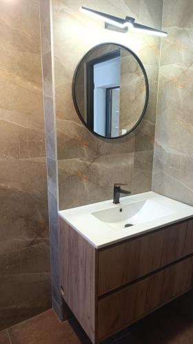 a bathroom with a sink and a mirror at Na břehu Olše in Český Těšín