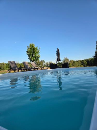 a swimming pool with chairs and a fountain at Emville in Vysshaya Dubechnya