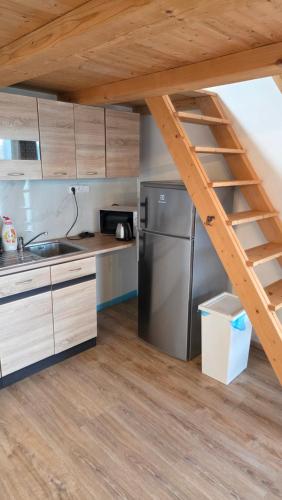 a kitchen with a refrigerator freezer and a ladder at Orlická přehrada Chata Malá in Kožlí u Orlíka