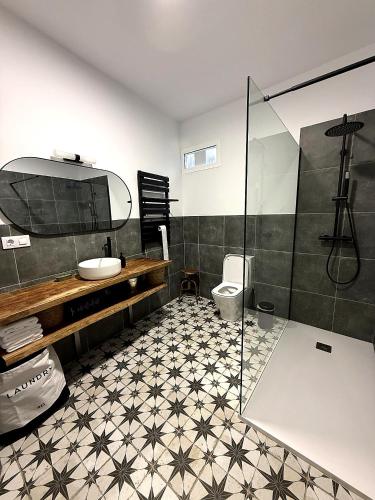 a bathroom with a shower and a sink and a toilet at Casa Plaza do Millo in Celanova