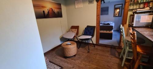 a small room with two chairs and a kitchen at Tiny house im Wingster Forst in Wingst