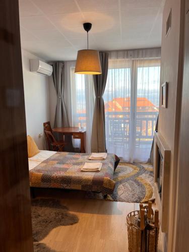 a hotel room with a bed and a window at Mirabell Studio Bansko - Amazing view & fireplace in Bansko