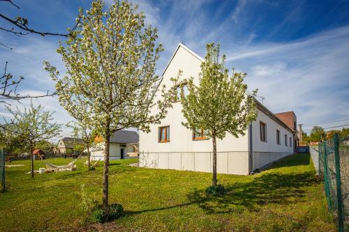 a white house with two trees in the yard at Apartmány Dalov in Šternberk