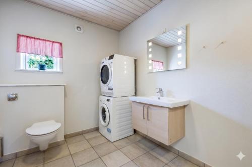 a bathroom with a toilet sink and a washing machine at Fantastic Holiday Property Kragelund For Up To 24 Guests! in Åbybro
