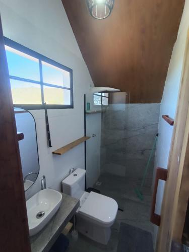 a bathroom with a toilet and a sink and a shower at Chalé Punaras in Araruna