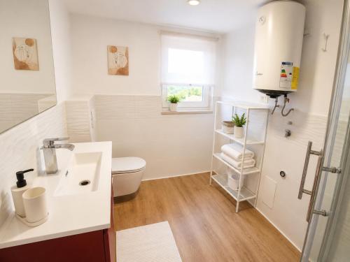 a bathroom with a sink and a toilet and a window at Villa Rosa dei Venti in Kaštel
