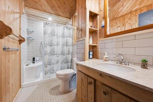 a bathroom with a toilet and a sink and a shower at Rustic Waterfront Kayak Near National Park in Tobermory